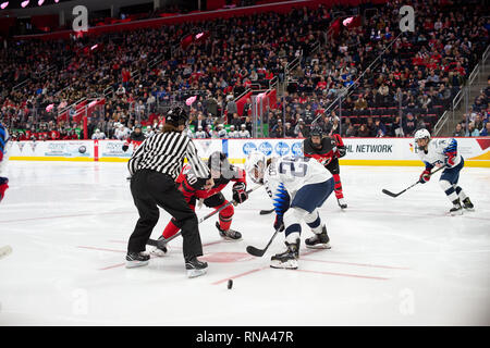 Detroit, Michigan, USA. 17th Feb, 2019. Canadian Forward BLAYRE TURNBULL #40 and USA Forward ALEX CARPENTER #25 face-off during the 2019 Rivalry Series at Little Caesars Arena. Team Canada won 2-0. Credit: Scott Hasse/ZUMA Wire/Alamy Live News Stock Photo