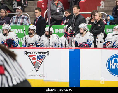 Detroit, Michigan, USA. 17th Feb, 2019. Team USA bench during the 2019 Rivalry Series at Little Caesars Arena. Team Canada won 2-0. Credit: Scott Hasse/ZUMA Wire/Alamy Live News Stock Photo
