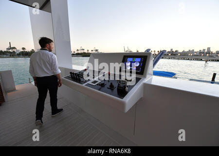 MIAMI BEACH, FL - FEBRUARY 17: Miami-based Arkup LLC is at the Miami Yacht Show from Feb. 15 to 18 displaying this $5.9 million, solar-powered, hurricane-resistant floating home. The off-grid 'livable yacht' can be piloted along coastlines or put down its hydraulic pilings to be as stable as a home on land, on February 17, 2019 in Miami Beach, Florida.    People:  Yacht House Stock Photo