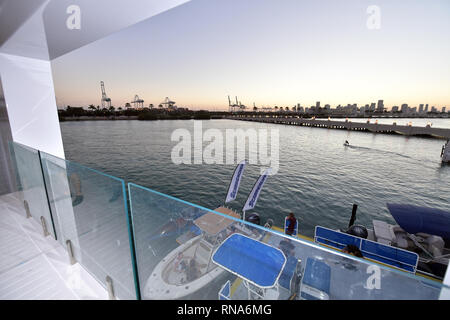 MIAMI BEACH, FL - FEBRUARY 17: Miami-based Arkup LLC is at the Miami Yacht Show from Feb. 15 to 18 displaying this $5.9 million, solar-powered, hurricane-resistant floating home. The off-grid 'livable yacht' can be piloted along coastlines or put down its hydraulic pilings to be as stable as a home on land, on February 17, 2019 in Miami Beach, Florida.    People:  Yacht House Stock Photo