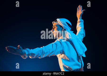 Aswan, Egypt. 17th Feb, 2019. An Egyptian artist dances at the opening ceremony of the 7th Aswan International Festival of Culture and Arts in Aswan, Egypt, Feb. 17, 2019. The 7th Aswan International Festival of Culture and Arts kicked off here on Sunday with the participation of folk and traditional bands from 13 African, Asian and European countries. Credit: Meng Tao/Xinhua/Alamy Live News Stock Photo