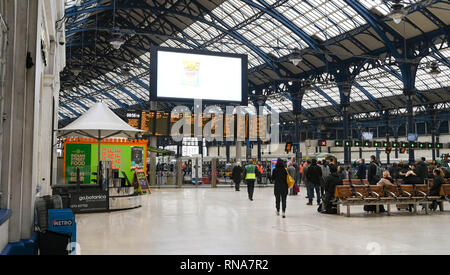 Brighton, UK. 18th Feb, 2019. Brighton Railway Station was relatively quiet this morning as commuters and travellers heading to and from London had to use Rail Replacement buses between Brighton and Three Bridges because of the Brighton Main Line Improvement Project which is taking place between 16th and 24th February Credit: Simon Dack/Alamy Live News Stock Photo