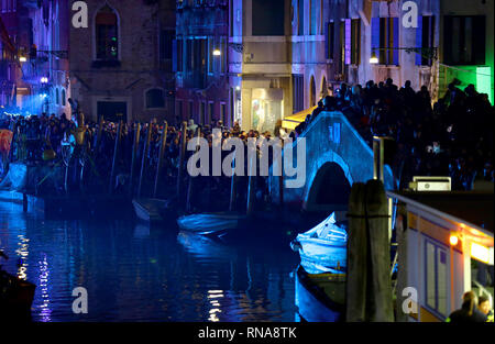 Venice, Italy. 16th Feb, 2019. The Rio di Cannaregio turns into a real water stage with a show that every year attracts thousands of spectators, where floating structures transfer the theme of Carnival to the water. An exciting and spectacular water show curated by Studio Festi and Seconda Materia, where two seemingly opposite realities meet and merge, creating an extraordinary emotional imagery between cyberpunk journeys and dream-like dimensions. Credit: Independent Photo Agency/Alamy Live News Stock Photo