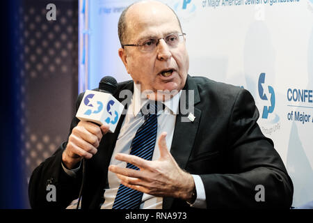 Jerusalem, Israel. 18th February, 2019. Jerusalem, Israel. 18th February, 2019. MOSHE YAALON, 'Bogie', Head of the Telem Party, former Defense Minister and former Chief of Staff of the Israel Defense Forces, is interviewed at the  45th Conference of Presidents of Major American Jewish Organizations Leadership Mission to Israel (COP) at the Inbal Hotel in Jerusalem. More than 100 American leaders from the Conference's 53 member organizations and its National Leadership Council participate. Credit: Nir Alon/Alamy Live News Stock Photo