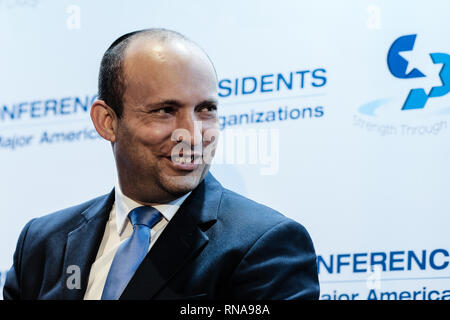 Jerusalem, Israel. 18th February, 2019. NAFTALI BENNET, Minister of Education and Diaspora Affairs and Head of The New Right Party, is interviewed at the  45th Conference of Presidents of Major American Jewish Organizations Leadership Mission to Israel (COP) at the Inbal Hotel in Jerusalem. More than 100 American leaders from the Conference's 53 member organizations and its National Leadership Council participate. Credit: Nir Alon/Alamy Live News Stock Photo