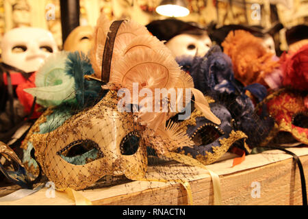 Venice, Italy. 16th Feb, 2019. Masks are seen at a workshop in Venice, Italy, Feb. 16, 2019. The masks on the Venice Carnival, scheduled from Feb. 16 until March 5, attracted lots of visitors. Credit: Huang Wanqing/Xinhua/Alamy Live News Stock Photo