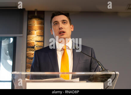 London, UK. 18th Feb, 2019. Gavin Shukar speaks. Seven Labour MPs resign to form a new Party called The Independent Group. The seven are Chukka Umunna, Chris Leslie, Mike Gapes, Ann Coffey, Gavin Shuker, Luciana Berger and Angela Smith.The Launch of the new party was announced today-February 18th, at County Hall, London. They have formed their own independent party. Credit: Tommy London/Alamy Live News Stock Photo