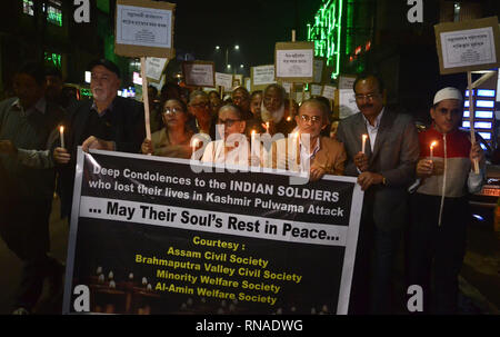 Assam, India. 18th Feb, 2019. Candle Light Rally:18 February 2019. Members of Assam Civil Society along with other organization taking out a candle march rally in protest against Pulwama Terror Attack in Guwahati on Monday, February 18, 2019. Credit: Hafiz Ahmed/Alamy Live News Credit: Hafiz Ahmed/Alamy Live News Stock Photo