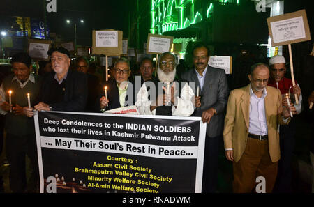 Assam, India. 18th Feb, 2019. Candle Light Rally:18 February 2019. Members of Assam Civil Society along with other organization taking out a candle march rally in protest against Pulwama Terror Attack in Guwahati on Monday, February 18, 2019. Credit: Hafiz Ahmed/Alamy Live News Credit: Hafiz Ahmed/Alamy Live News Stock Photo