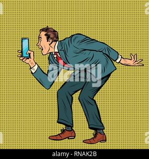 man funny photographs smartphone. Pop art retro vector illustration vintage kitsch Stock Vector
