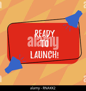 Text sign showing Ready To Launch. Conceptual photo Prepared to start promote new product software application Two Megaphone with Sound icon on Blank  Stock Photo