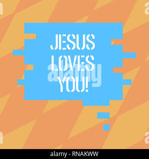 Text sign showing Jesus Loves You. Conceptual photo Believe in the Lord To have faith religious demonstrating Blank Color Speech Bubble in Puzzle Piec Stock Photo