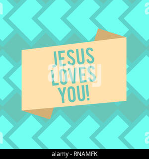 Text sign showing Jesus Loves You. Conceptual photo Believe in the Lord To have faith religious demonstrating Blank Color Folded Banner Strip Flat Sty Stock Photo