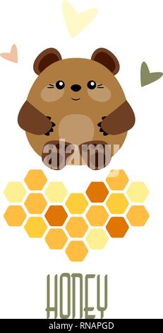 Cute bear, honey comb and the inscription "honey". Vector illustration. Eps 10 Stock Vector
