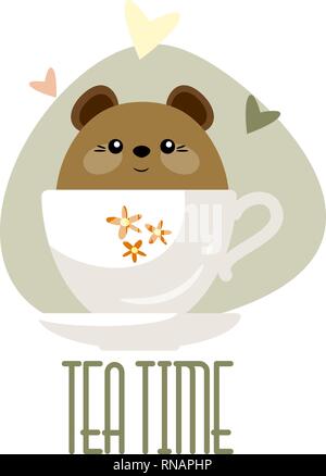 Tea time card. Cute little bear sitting in a cup. Vector illustration. Eps 10 Stock Vector