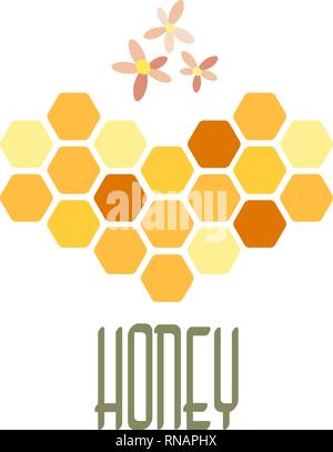 Honeycomb in the shape of a heart and the inscription "honey." Vector illustration. Eps 10 Stock Vector