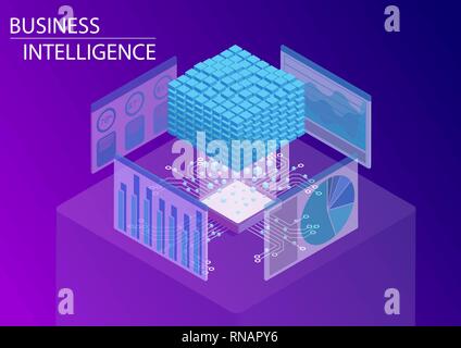 Business intelligence / BI concept with data cube and analytics dashboard. 3d isometric vector illustration Stock Vector