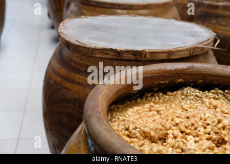 salted soybean paste fermented in jar. soy production