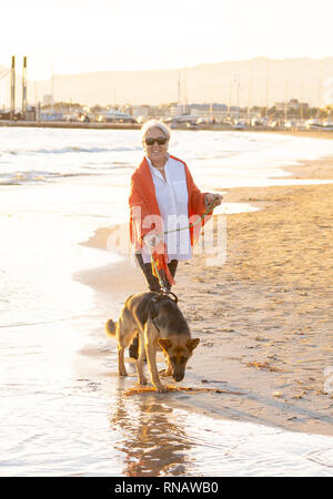 Beautiful retired older woman and pet german shepard dog walking along the shore sea ocean on beach in Companionship Benefits of animals Keeping activ Stock Photo