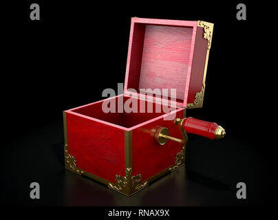 An empty antique open  jack-in-the-box mad of red wood and gold trimmings on a dark studio background under a spotlight - 3D render Stock Photo