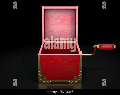 An empty antique open  jack-in-the-box mad of red wood and gold trimmings on a dark studio background under a spotlight - 3D render Stock Photo