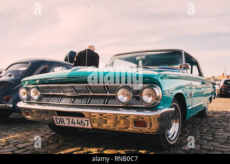 April 9, 2015: The front of the old American muscle car. vintage car details Stock Photo