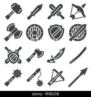 Medieval weapons and armors set. Medieval warrior equipment. Sword, sabre, dagger, axe, male and more Stock Vector