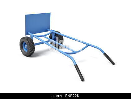 3d rendering of a blue hand truck with its handles down on a white background. Stock Photo