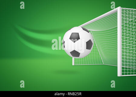 3d rendering of a football hurtling right into the white net on green background. Stock Photo