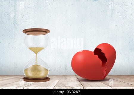 3d rendering of sandglass and red broken heart on white floor and white wall background Stock Photo