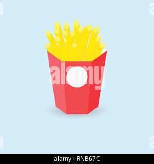 Vector illustration french fries in red paper box on blue background. Fast food. Junk food. Stock Vector