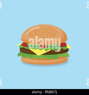 Vector illustration Hamburger with cheese, beef, salad,tomato on blue background. Fast food. Stock Vector