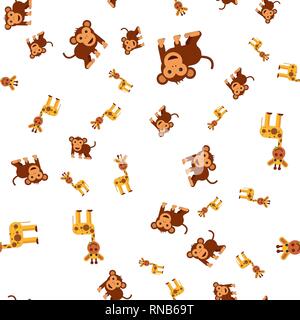 Seamless pattern of monkey and giraffe. Vector illustration in cartoon style. Stock Vector