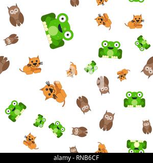Seamless pattern of frogs cats and owls. Vector illustration in cartoon style. Stock Vector