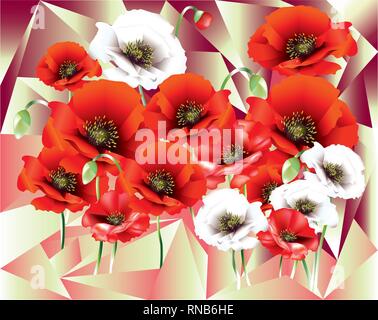 Colorful Poppies on cubism background Stock Vector