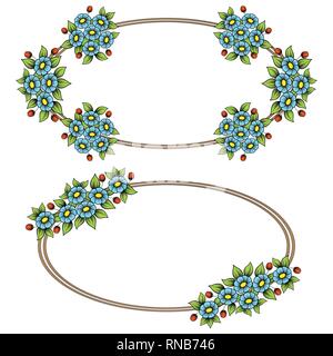 Set of two elipse frames with color flower bouquets isolated on white background Stock Vector