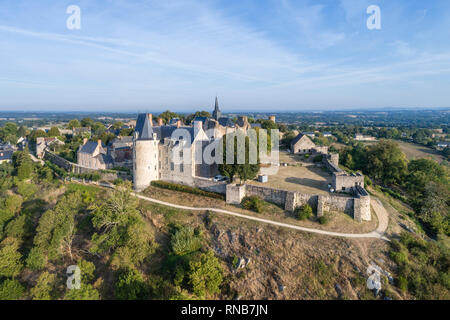 France, Mayenne, Sainte Suzanne, labelled Les Plus Beaux Villages de France (The Most Beautiful Villages of France), village and castle (aerial view)  Stock Photo