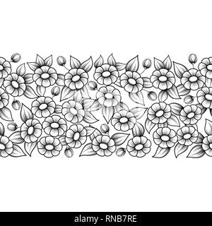 Seamless daisy flower pattern. Black flat blossoms on white