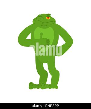Frog thumbs up and winks. Toad happy emoji. Anuran Vector illustration Stock Vector