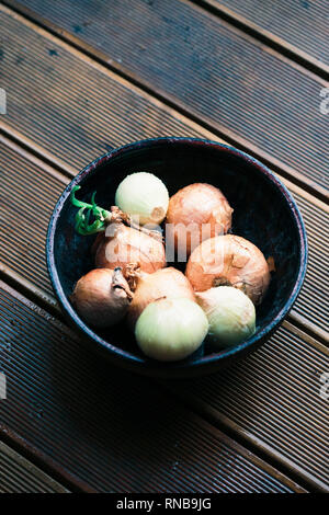 Closeup of bowl of onions sprinkled raindrops on wooden table Stock Photo