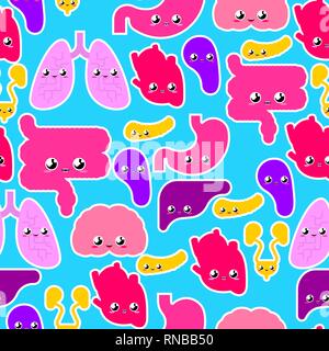 Cute Human Internal organs pattern seamless. Anatomy background cartoon style. Systems of man body and organs ornament. medical systems texture kids c Stock Vector