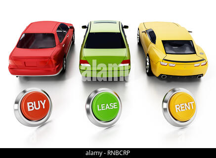 Cars and buy rent lease buttons isolated on white background. 3D