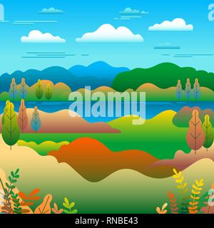 Hills landscape in flat style design. Valley with lake background. Beautiful green fields, meadow, mountains and blue sky. Rural location in the hill, Stock Vector