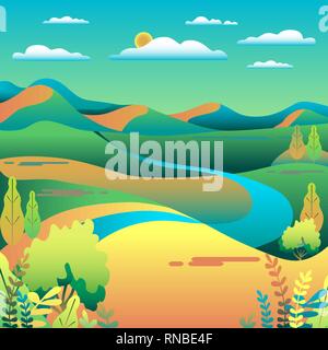 Hills and mountains landscape in flat style design. Valley background. Beautiful green fields, meadow, and blue sky. Rural location in the hill, river Stock Vector