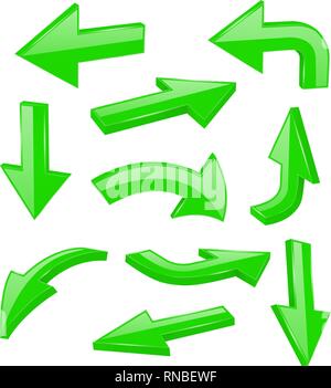 Green bold arrows. 3d shiny signs Stock Vector