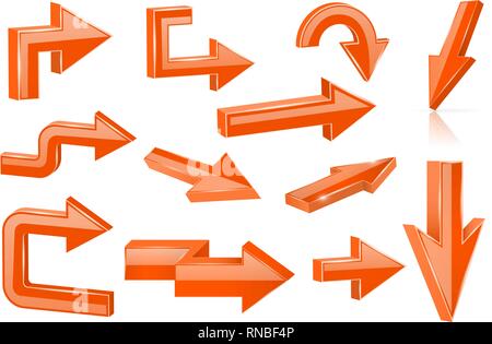 Set of orange arrows. Shiny 3d web icons Stock Vector