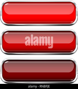 Red glass buttons. Web 3d shiny rectangle icons with chrome frame Stock Vector
