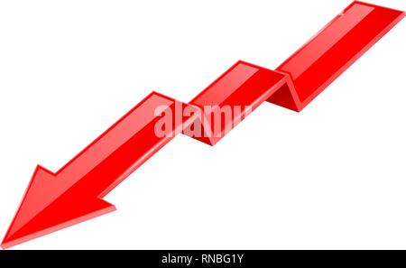 Red indication arrow. Moving down 3d financinal sign Stock Vector