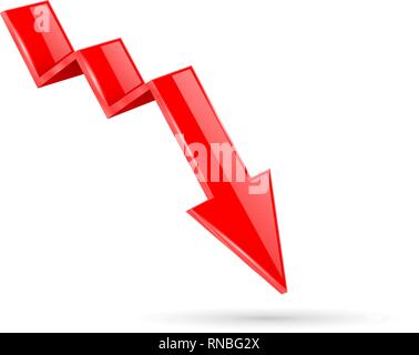 Red indication arrow. Moving down 3d financinal sign Stock Vector