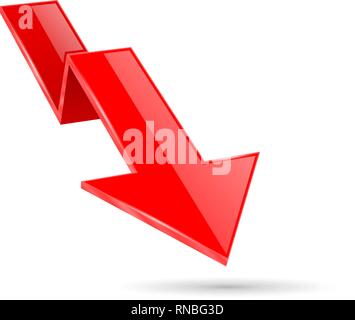 Red indication arrow. Moving down 3d financinal sign Stock Vector